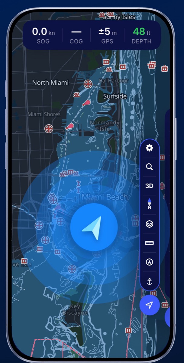 Helm showing NOAA charts around Miami with speed, course, GPS accuracy and depth